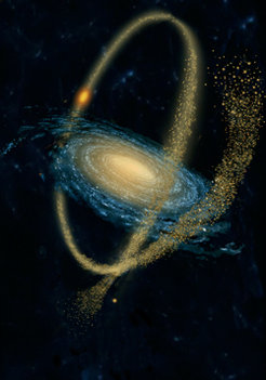 Abbildung 3: Kleinere Satellitengalaxien, die einer Spiralgalaxie zu nahe kommen, werden eingefangen und zu länglichen Sternströmen verformt, wie in dieser künstlerischen Darstellung zu sehen. Mit der nun veröffentlichten Durchmusterung ist es erstmals gelungen, Spiralgalaxien, die sich kleinere Satellitengalaxien einverleiben, jenseits unserer »lokalen Gruppe« von Galaxien nachzuweisen.
