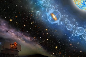 Schematische Darstellung jenes Blicks in die kosmische Geschichte, den die Entdeckung des fernsten bisher bekannten Quasars ermöglicht. Die Beobachtung mit einem der Magellan-Teleskope (unten links) erlaubt es uns, Informationen über die so genannte Reionisierungsepoche ("Blasen" oben rechts) zu gewinnen, die auf die Urknallphase folgte (oben rechts). Schematische Darstellung jenes Blicks in die kosmische Geschichte, den die Entdeckung des fernsten bisher bekannten Quasars ermöglicht. Die Beobachtung mit einem der Magellan-Teleskope (unten links) erlaubt es uns, Informationen über die so genannte Reionisierungsepoche ("Blasen" oben rechts) zu gewinnen, die auf die Urknallphase folgte (oben rechts).
