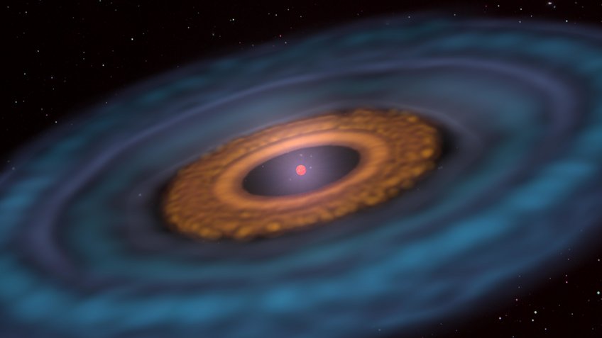 Artistic representation of a planet-forming disk of dust and gas around a very low-mass star (VLMS). The inner dust disk contains a ring structure that indicates the formation of a new planet. The dust disk resides inside a larger gas disk whose thickness increases towards the edge. Artistic representation of a planet-forming disk of dust and gas around a very low-mass star (VLMS). The inner dust disk contains a ring structure that indicates the formation of a new planet. The dust disk resides inside a larger gas disk whose thickness increases towards the edge.