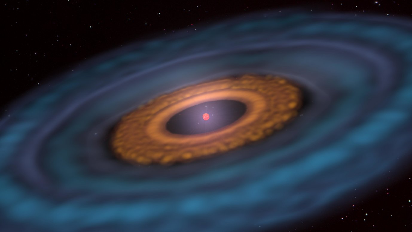 Artistic representation of a planet-forming disk of dust and gas around a very low-mass star (VLMS). The inner dust disk contains a ring structure that indicates the formation of a new planet. The dust disk resides inside a larger gas disk whose thickness increases towards the edge.