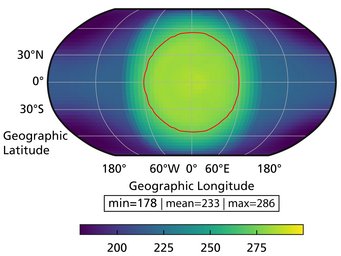 Simulated surface temperature map of Wolf 1069 b, assuming a modern Earth-like atmosphere. The map is centred at point that always faces the central star. The temperatures are given in Kelvin (K). 273.15 K corresponds to 0 °C. Liquid water would be possible on the planet’s surface inside the red line. Simulated surface temperature map of Wolf 1069 b, assuming a modern Earth-like atmosphere. The map is centred at point that always faces the central star. The temperatures are given in Kelvin (K). 273.15 K corresponds to 0 °C. Liquid water would be possible on the planet’s surface inside the red line.