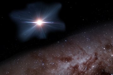 The image depicts an artistic rendering of a bright blazar, a supermassive black hole at the center of a distant galaxy, ejecting high-energy matter in the form of jets into space. The blazar appears as a glowing point of light with bluish-white rays scattering in various directions. In the background, a field of stars is visible, while the lower part of the image shows a portion of the Milky Way or another galaxy with brown and white gradients.