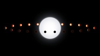 This artistic concept illustrates how WASP-121b orbits its host star. By showing twenty stages of the planet’s trajectory, the image demonstrates how the planet presents varying fractions of its illuminated and hot dayside. Observing the entire orbit, the team extracted information from the changing atmospheric emissions. The phase of the planet passing in front of the star also allowed the team to examine how the planet’s thin atmospheric limb altered the starlight shining through. This way, they detected silicon monoxide gas. Graphic showing the orbital phases of an exoplanet orbiting its bright central star. The planet is depicted in multiple positions along its orbit, appearing illuminated or darkened depending on the viewing angle. The star is shown in the centre with the planet transiting in front of it several times. This visual illustrates how changes in brightness over time reveal characteristics of the exoplanet.