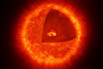 Artist’s impression of a black hole star (not to scale). The cut-out reveals the central black hole with it surrounding accretion disk. What makes this a black hole star is the surrounding envelope of turbulent gas. This configuration can explain what astronomers observe in the object they are calling “The Cliff.”