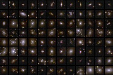 A scientific collage consisting of 112 square individual images from the Euclid space telescope, arranged in a grid of 8 rows and 14 columns on a black background. Each square features a different strong gravitational lens in the distant universe. At the center of almost every image is a bright, mostly yellowish-white foreground galaxy. Distinctive features of spacetime warping are visible around these central galaxies: light from even more distant background galaxies appears as glowing blue arcs, thread-like structures, or nearly complete circles known as Einstein rings. Some images also show point-like multiple images of the same background galaxy arranged symmetrically around the center. The details are extremely sharp, with additional tiny, distant galaxies and stars visible as faint points of light in the background of each square.