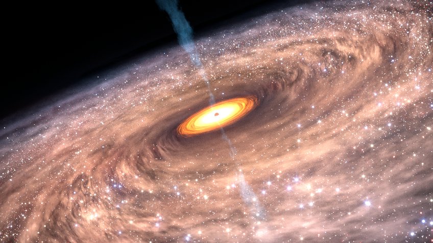 Artist's impression of the early quasar with its starforming host galaxy. Depiction of an active galaxy with a bright yellow-orange central region surrounded by a spiral cloud of dust and gas emitting two narrow jets from its center.