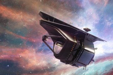 A large, futuristic telescope with multiple rectangular and trapezoidal components floats in the foreground against a colorful, cloud-like space backdrop. The device is dark and reflective, featuring visible technical details such as antennas and sensors. Bright nebula clouds and stars fill the background, creating a cosmic setting.