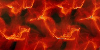 Abbildung 2: Computersimulation der Sternentstehung in einer turbulenten Gaswolke. Diese und ähnliche Simulationen benutzten Kainulainen und seine Kollegen, um ihre Methode zur Rekonstruktion der räumliche Struktur solcher Gaswolken zu testen. Orte, an denen gerade neue Sterne entstehen, sind in der Abbildung durch Kreise gekennzeichnet; eine hellere Farbe entspricht dabei massereicheren Sternen. Abbildung 2: Computersimulation der Sternentstehung in einer turbulenten Gaswolke. Diese und ähnliche Simulationen benutzten Kainulainen und seine Kollegen, um ihre Methode zur Rekonstruktion der räumliche Struktur solcher Gaswolken zu testen. Orte, an denen gerade neue Sterne entstehen, sind in der Abbildung durch Kreise gekennzeichnet; eine hellere Farbe entspricht dabei massereicheren Sternen.