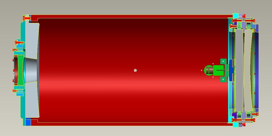 Sectional view of a high-resolution camera system for the LBT instrument LUCI. Both the structural elements and the mirror (main mirror at the left) were produced from an aluminum silicon alloy (AlSi40).