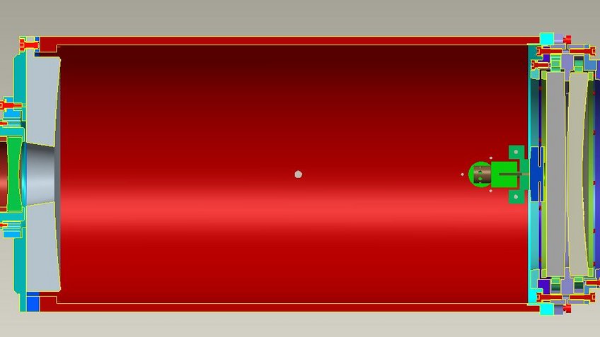 Sectional view of a high-resolution camera system for the LBT instrument LUCI. Both the structural elements and the mirror (main mirror at the left) were produced from an aluminum silicon alloy (AlSi40). Sectional view of a high-resolution camera system for the LBT instrument LUCI. Both the structural elements and the mirror (main mirror at the left) were produced from an aluminum silicon alloy (AlSi40).