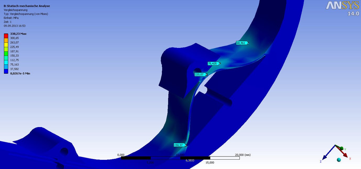 Determination of the maximum stress in a spring element at the transition from Titanium to an Aluminum alloy at a working temperature of 60 K.This spring element is employed at the interface between the primary mirror and the mount of the exit lens of the LUCI camera.