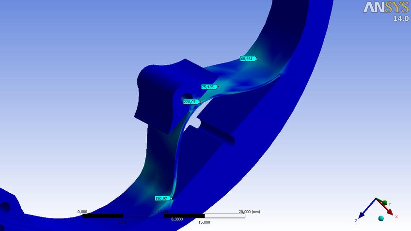 Determination of the maximum stress in a spring element at the transition from Titanium to an Aluminum alloy at a working temperature of 60 K.This spring element is employed at the interface between the primary mirror and the mount of the exit lens of the LUCI camera. Determination of the maximum stress in a spring element at the transition from Titanium to an Aluminum alloy at a working temperature of 60 K.This spring element is employed at the interface between the primary mirror and the mount of the exit lens of the LUCI camera.