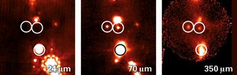 Abbildung 1: Drei der PACS Bright Red Sources (PBRS), die mit dem Weltraumteleskop Herschel gefunden wurden. Dabei dürfte es sich um einige der jüngsten bekannten Protosterne überhaupt handeln. Das Feld ganz links zeigt ein vom Weltraumteleskop Spitzer (bei 24 µm) aufgenommenes Bild, in welchem die beiden oberen Objekte vollständig unsichtbar sind, während das untere sich nicht eindeutig als Protostern identifizieren lässt. Die beiden rechten Felder zeigen Bilder vom Weltraumteleskop Herschel (bei 70 µm) und vom Submillimeterteleskop APEX (bei 350 µm), mit denen nachgewiesen werden konnte, dass es sich in der Tat um einige der jüngsten bekannten Protosterne handelt. Abbildung 1: Drei der PACS Bright Red Sources (PBRS), die mit dem Weltraumteleskop Herschel gefunden wurden. Dabei dürfte es sich um einige der jüngsten bekannten Protosterne überhaupt handeln. Das Feld ganz links zeigt ein vom Weltraumteleskop Spitzer (bei 24 µm) aufgenommenes Bild, in welchem die beiden oberen Objekte vollständig unsichtbar sind, während das untere sich nicht eindeutig als Protostern identifizieren lässt. Die beiden rechten Felder zeigen Bilder vom Weltraumteleskop Herschel (bei 70 µm) und vom Submillimeterteleskop APEX (bei 350 µm), mit denen nachgewiesen werden konnte, dass es sich in der Tat um einige der jüngsten bekannten Protosterne handelt.