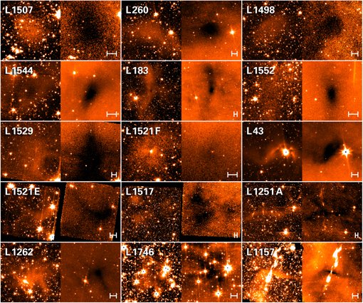 Abbildung 2: Infrarotaufnahmen von 15 Molekülwolken. Jedes Bildpaar zeigt links eine Abbildung bei 3,6 Mikrometer Wellenlänge dar; das schwache Leuchten ist der Kernschein. Als Gegenprobe ist im rechten Bildteil die Absorption der galaktischen Hintergrundstrahlung bei einer Wellenlänge von 8 Mikrometern zu sehen. Dort, wo der Kernschein am stärksten ist (helle Regionen im linken Bildteil) ist die Absorption am größten (dunkle Regionen im jeweils rechten Bildteil). Das zeigt, dass die für den Kernschein verantwortlichen großen Staubteilchen tief im Inneren der Wolke sitzen. Die hier gezeigten Kerne befinden sich in unterschiedlichen Entwicklungsphasen. So weist L1157 beispielsweise bereits eine Ausströmung auf, wie sie auftritt, wenn sich bereits junge Sterne gebildet haben. Abbildung 2: Infrarotaufnahmen von 15 Molekülwolken. Jedes Bildpaar zeigt links eine Abbildung bei 3,6 Mikrometer Wellenlänge dar; das schwache Leuchten ist der Kernschein. Als Gegenprobe ist im rechten Bildteil die Absorption der galaktischen Hintergrundstrahlung bei einer Wellenlänge von 8 Mikrometern zu sehen. Dort, wo der Kernschein am stärksten ist (helle Regionen im linken Bildteil) ist die Absorption am größten (dunkle Regionen im jeweils rechten Bildteil). Das zeigt, dass die für den Kernschein verantwortlichen großen Staubteilchen tief im Inneren der Wolke sitzen. Die hier gezeigten Kerne befinden sich in unterschiedlichen Entwicklungsphasen. So weist L1157 beispielsweise bereits eine Ausströmung auf, wie sie auftritt, wenn sich bereits junge Sterne gebildet haben.