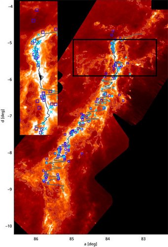 Abbildung 3: Orte der Protosterne in der Orion-A-Wolke, aus Daten des Weltraumteleskops Herschel (nach Furlan et al. 2016). Im integralförmigen Filament (kleines Bild) liegen die Protosterne entlang des Rückgrats. Abbildung 3: Orte der Protosterne in der Orion-A-Wolke, aus Daten des Weltraumteleskops Herschel (nach Furlan et al. 2016). Im integralförmigen Filament (kleines Bild) liegen die Protosterne entlang des Rückgrats.