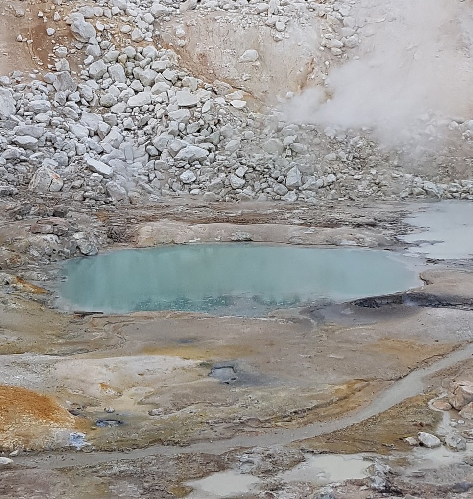 Ein kleiner warmer Teich auf der heutigen Erde, auf dem Bumpass Hell Trail im Lassen Volcanic National Park in Kalifornien. Die kleinen warmen Teiche, in denen das erste Leben entstanden sein könnte, sahen vermutlich nicht unähnlich aus.