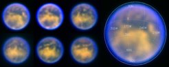 Bild 2: Diese unterschiedlichen Ansichten Titans wurden innerhalb einer Woche aufgenommen. Die einzelnen Farbbilder setzten sich aus Aufnahmen in jeweils drei Kanälen mit dem Spectral Differential Imager zusammen. Deutlich zu erkennen ist der von Tag zu Tag leicht veränderte Blickwinkel auf die hellen und dunklen Bodenformationen Titans.