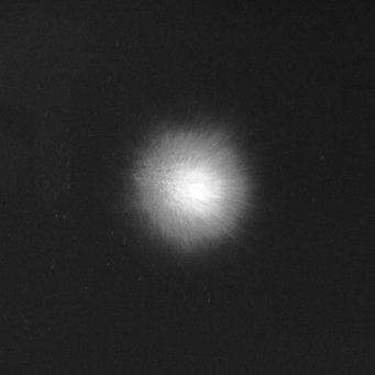 Figure 3: The same star, but now after activation of the adaptive optics. Although this picture was taken during 2.3 arcsecond seeing (which indicates very bad turbulence) and in visible light (where adaptive optics never works well – the LN camera will operate at infrared wavelengths), it shows a dramatic improvement in sharpness and intensity. Figure 3: The same star, but now after activation of the adaptive optics. Although this picture was taken during 2.3 arcsecond seeing (which indicates very bad turbulence) and in visible light (where adaptive optics never works well – the LN camera will operate at infrared wavelengths), it shows a dramatic improvement in sharpness and intensity.