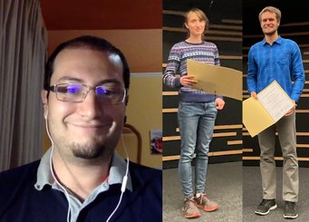 Due to the Corona pandemic, this year's award ceremony and the associated lectures were largely video-based and without an audience. Neige Franke (center) and Nico Krieger (right) were able to receive the award at MPIA, Alessandro Savino (left) was connected via video. Due to the Corona pandemic, this year's award ceremony and the associated lectures were largely video-based and without an audience. Neige Franke (center) and Nico Krieger (right) were able to receive the award at MPIA, Alessandro Savino (left) was connected via video.