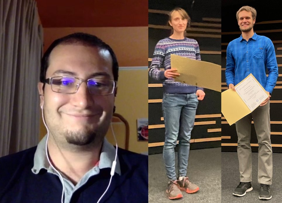 Due to the Corona pandemic, this year's award ceremony and the associated lectures were largely video-based and without an audience. Neige Franke (center) and Nico Krieger (right) were able to receive the award at MPIA, Alessandro Savino (left) was connected via video.