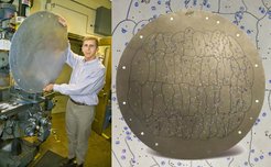 Left: David Schlegel, a key developer of SDSS’s spectroscopy program and the Principal Investigator of the SDSS-III BOSS survey, holds up a newly drilled plate. Right: A plate from the SDSS-III BOSS survey, against a zoomed-in background of itself, showing the holes and the annotations used to help plug in the optical fibers.