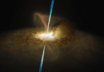 This illustration shows what the core of Messier 77 might look like. As other active galactic nuclei, the central region of Messier 77 is powered by a black hole that is surrounded by a thin accretion disc, which itself is surrounded by a thick ring or torus of gas and dust. In the case of Messier 77, this thick ring completely obscures our view of the supermassive black hole. This active galactic nucleus is also believed to have jets, as well as dusty winds, that flow out of the region around the black hole perpendicularly to the accretion disc around it. Artistic impressen of the galaxy Messier 77 with a bright core and a jet