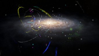 The Milky Way galaxy and the stellar streams (colored dots), globular clusters (star symbols) and dwarf galaxies (small cubes) that Khyati Malhan and his colleagues analysed for their atlas of Milky Way mergers. The Milky Way galaxy and the stellar streams (colored dots), globular clusters (star symbols) and dwarf galaxies (small cubes) that Khyati Malhan and his colleagues analysed for their atlas of Milky Way mergers.
