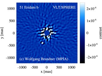 The exoplanet 51 Eridani b as observed with VLT/SPHERE in the K1-photometric band after angular differential imaging processing with ANDROMEDA. In the near-infrared, 51 Eridani b is at least 2.5e-6 fainter than its host star (Brown-Sevilla et al. 2022). The exoplanet 51 Eridani b as observed with VLT/SPHERE in the K1-photometric band after angular differential imaging processing with ANDROMEDA. In the near-infrared, 51 Eridani b is at least 2.5e-6 fainter than its host star (Brown-Sevilla et al. 2022).
