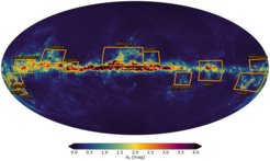 Map of the effects of interstellar dust on light, within the Milky Way, as reconstructed from the Gaia DR3 data that has now been released. Specifically, this is an extinction map of the Milky Way generated from the GSP-Phot package using Gaia DR3 BP/RP spectra, photometry and parallaxes. The orange boxes highlight well-known star formation regions in our Galaxy, where considerable amounts of dust are concentrated.