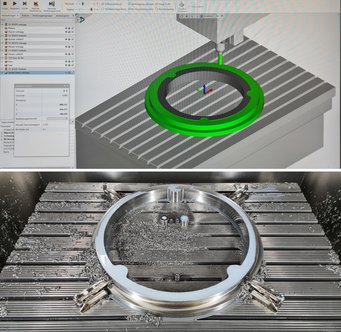 From design to manufacturing. Both images show a mirror cell ring for the MICADO instrument. Top: milling simulation; bottom: ring in the milling machine of the MPIA precision mechanics workshop after processing. From design to manufacturing. Both images show a mirror cell ring for the MICADO instrument. Top: milling simulation; bottom: ring in the milling machine of the MPIA precision mechanics workshop after processing.