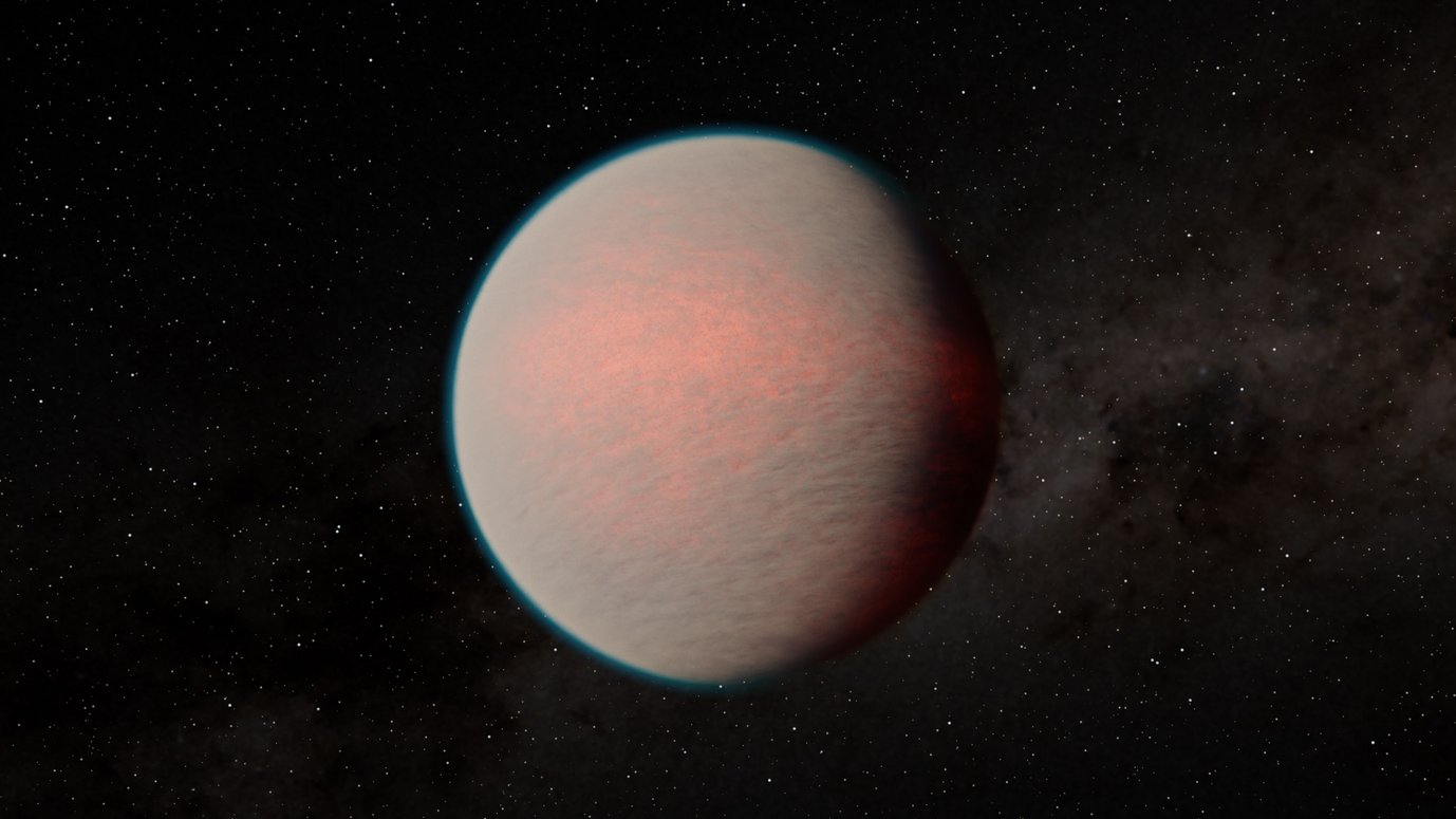 Artist’s impression of the exoplanet GJ 1214 b, based on the current results. GJ 1214 b is a warm Mini-Neptune with a perpetual day on one side and eternal night on the other. An unusually reflective haze layer in the upper atmosphere makes it difficult to determine the composition of the sheets below. The planet probably has large amounts of water.