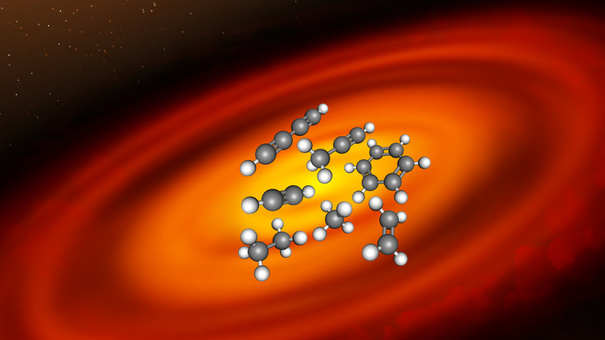 Artist’s impression of a protoplanetary disk around a very low-mass star. It depicts a selection of hydrocarbon molecules (Methane, CH4; Ethane, C2H6; Ethylene, C2H2; Diacetylene, C4H2; Propyne, C3H4; Benzene, C6H6) detected in the disk around ISO-ChaI 147.
