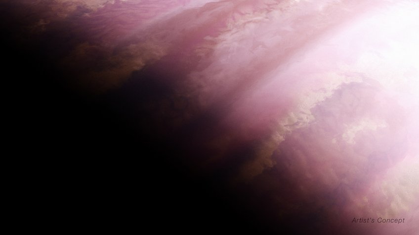 This artist’s concept shows what the exoplanet WASP-39 b could look like based on indirect transit observations from JWST and other space- and ground-based telescopes. Data collected by its NIRSpec (Near-Infrared Spectrograph) show variations between the morning and evening atmosphere of the planet. This artist’s concept shows what the exoplanet WASP-39 b could look like based on indirect transit observations from JWST and other space- and ground-based telescopes. Data collected by its NIRSpec (Near-Infrared Spectrograph) show variations between the morning and evening atmosphere of the planet.