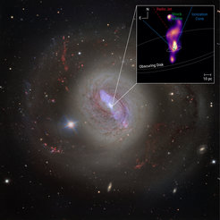 This is an image of the spiral galaxy Messier 77 (M77), as described in the previous image. Additionally, the image includes an inset showing a scientific representation of the galaxy’s core. This inset uses a false-colour representation to display the brightness distribution at thermal-infrared wavelengths. It highlights several key structures: a radio jet (marked in red), a shock bubble (green), an ionization cone (blue), and an obscuring disk (grey). The inset's scale indicates a size of 10 parsecs (pc), equivalent to approximately 32.6 light-years. These structures showcase the energetic processes occurring in the galaxy's nucleus.