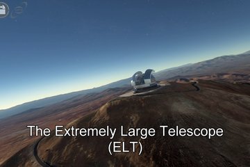 Computer-generated view of the Extremely Large Telescope (ELT) of the European Southern Observatory on a mountain summit in Chile’s Atacama Desert. The large, modern telescope with an open dome stands on a flat platform. In the background stretch the barren mountains under a clear sky, faintly lit by twilight. In the foreground, a winding road leads up to the observatory. Logos of several research institutes are visible in the upper left corner. At the bottom of the image, the text ‘Das Extremely Large Telescope (ELT)’ is displayed.